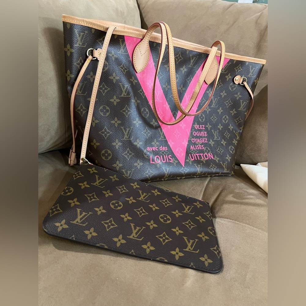 LOUIS VUITTON Monogram V line Neverfull MM Tote Bag Pink